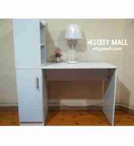 white hpl office deskwith shelves and sorage cabinet