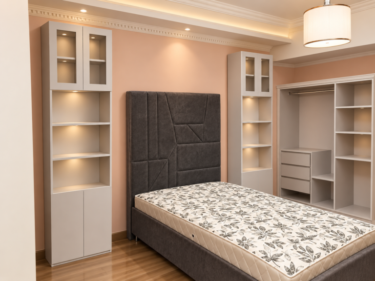 غرفة نوم مودرن بتصميم مخصص وخزائن ملابس ووحدات تخزين حسب المساحة